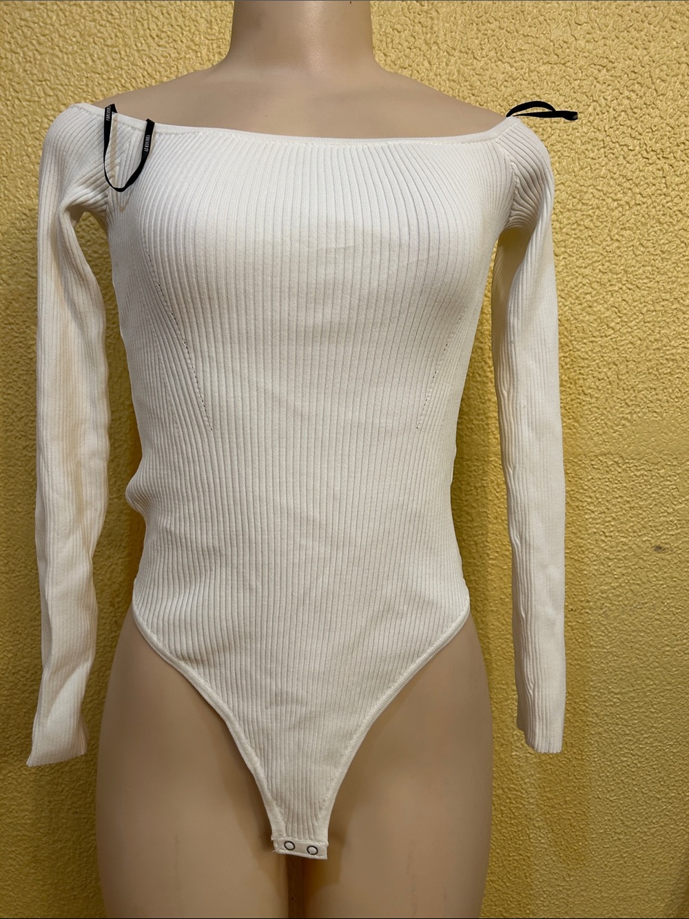 Forever 21 Ivory Off-Shoulder Ribbed Long Sleeve Bodysuit